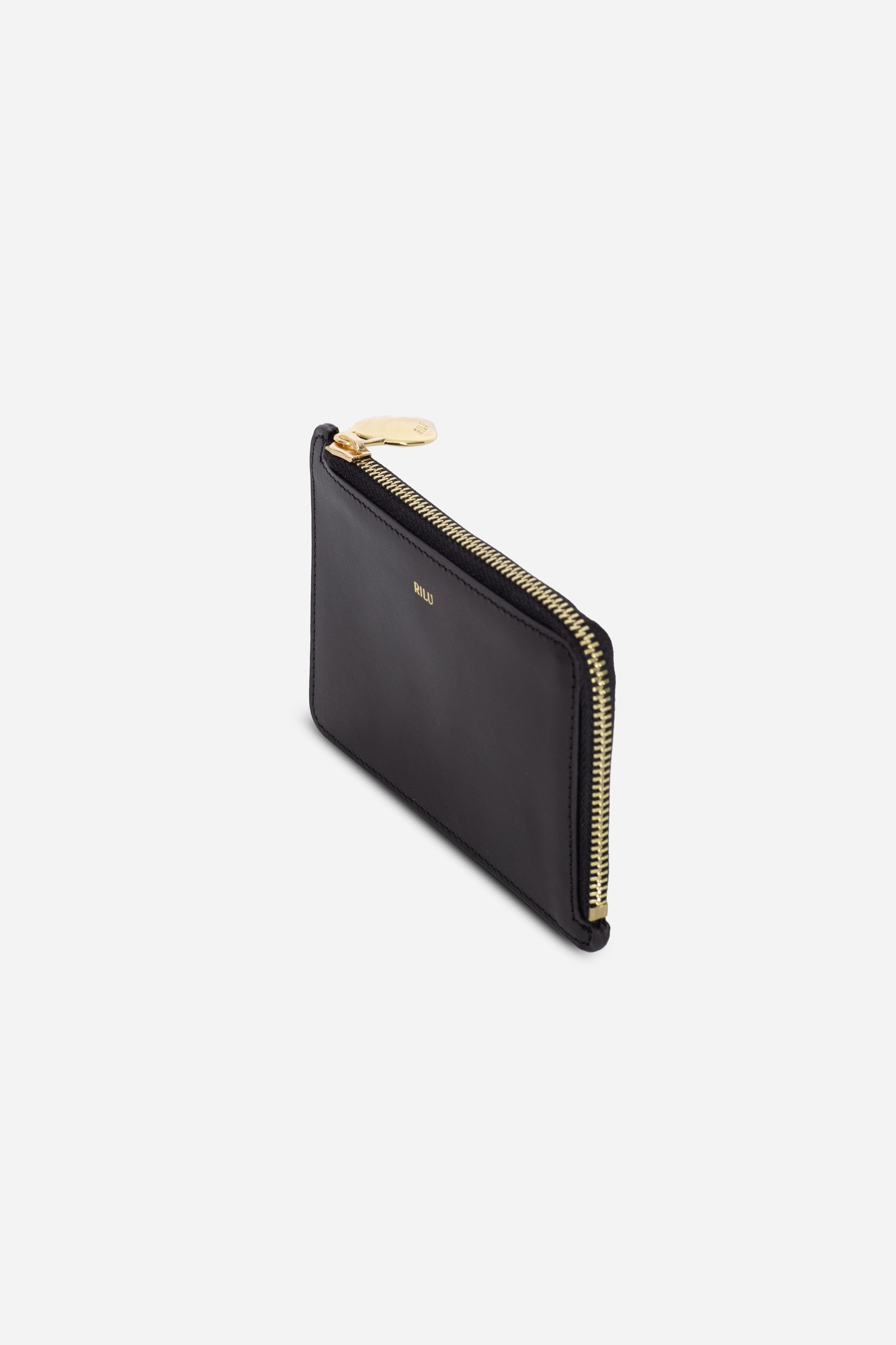 Rilu Nova black zipped leather card holder side view showing depth