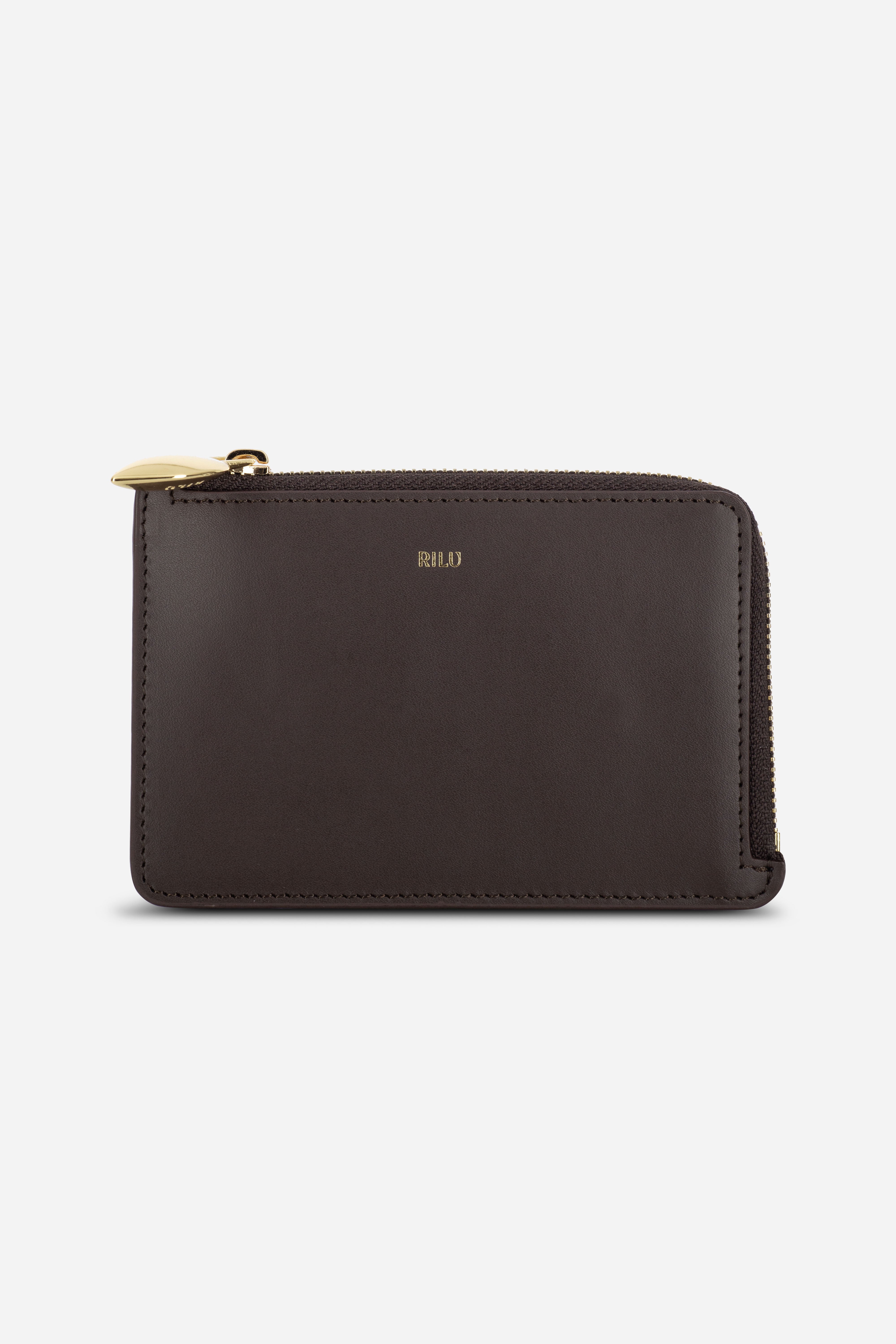 Rilu Nova espresso zipped leather card holder pouch front view