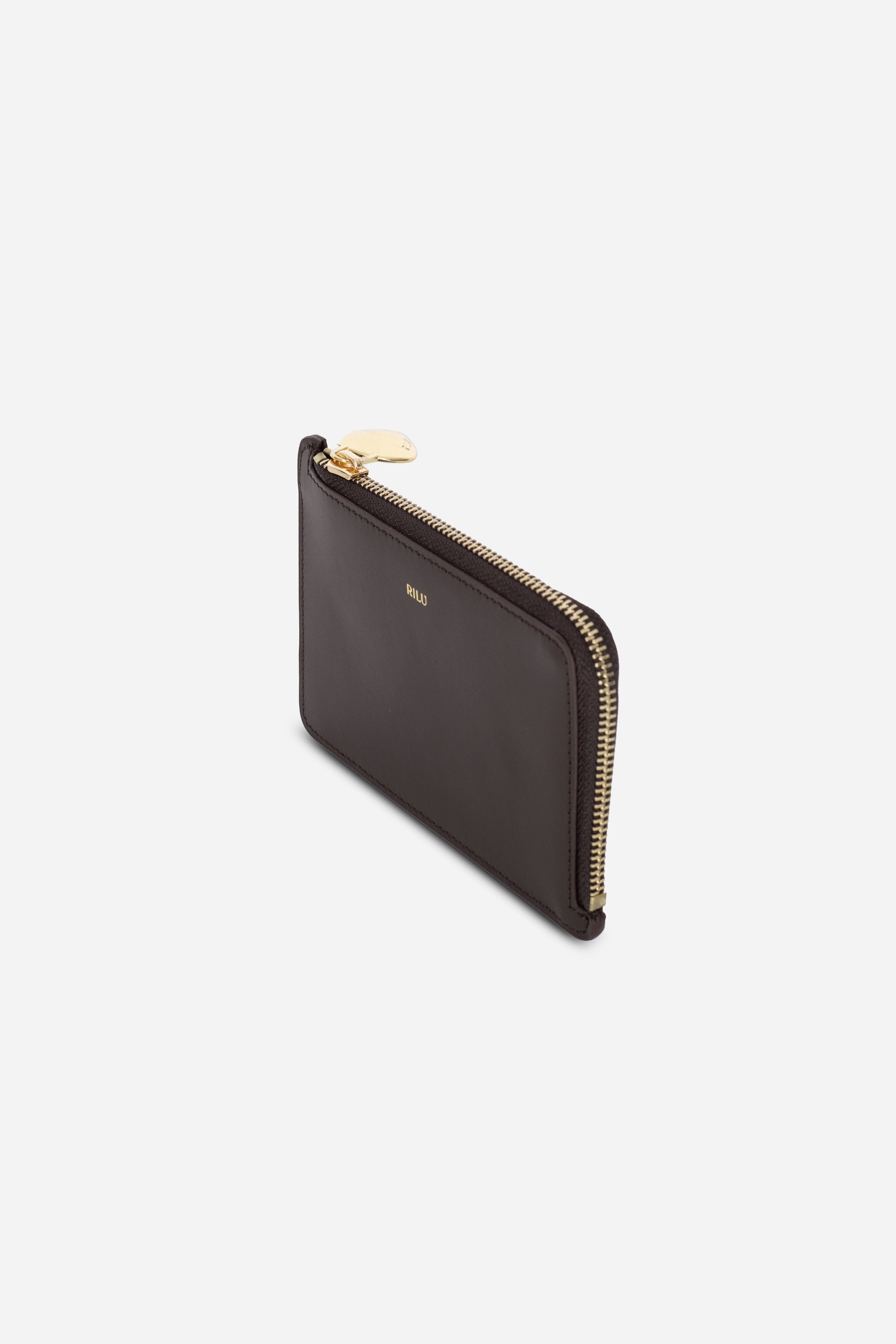 Rilu Nova espresso zipped leather card holder side view showing depth