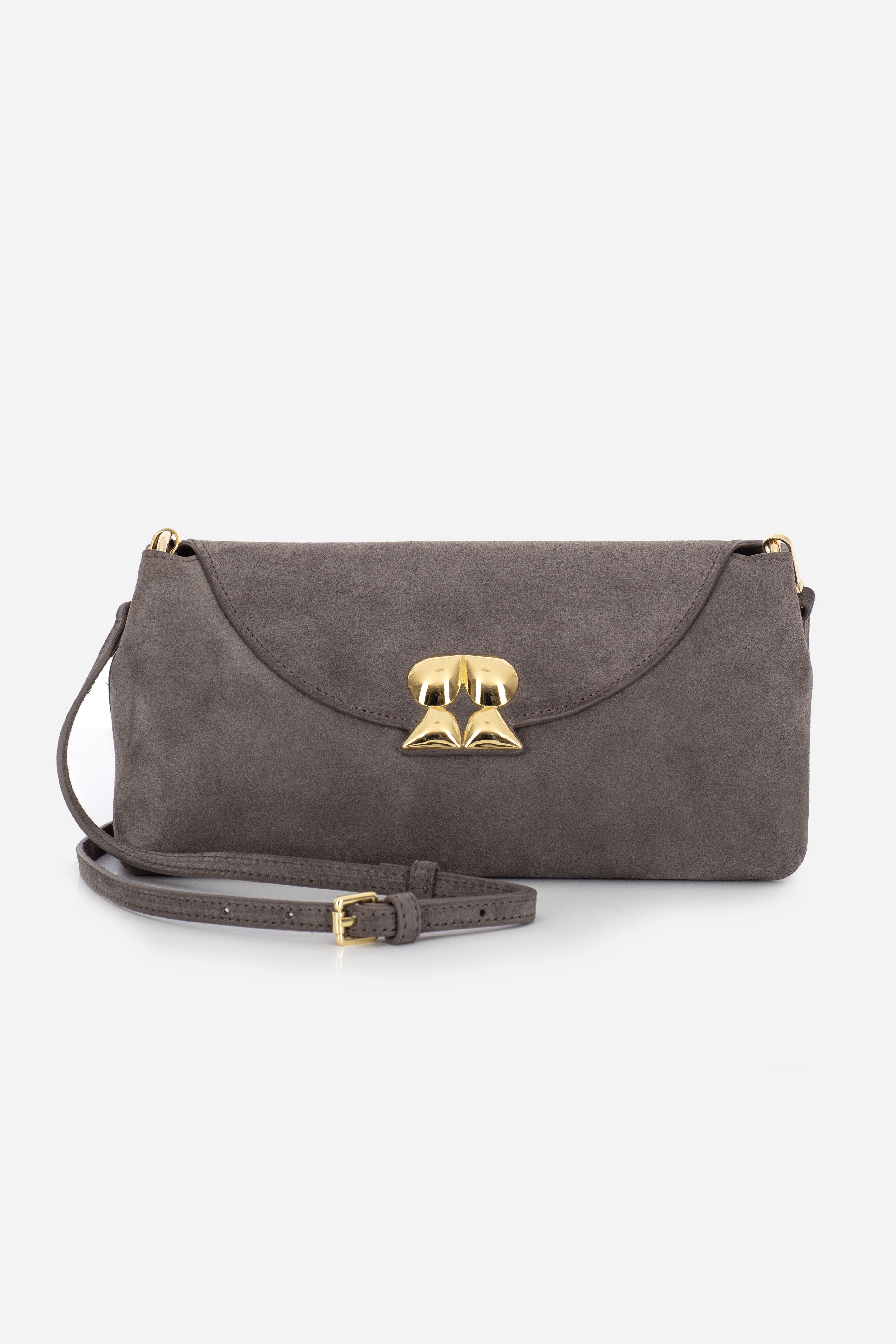 Rilu Rhea ash taupe suede leather convertible clutch front view