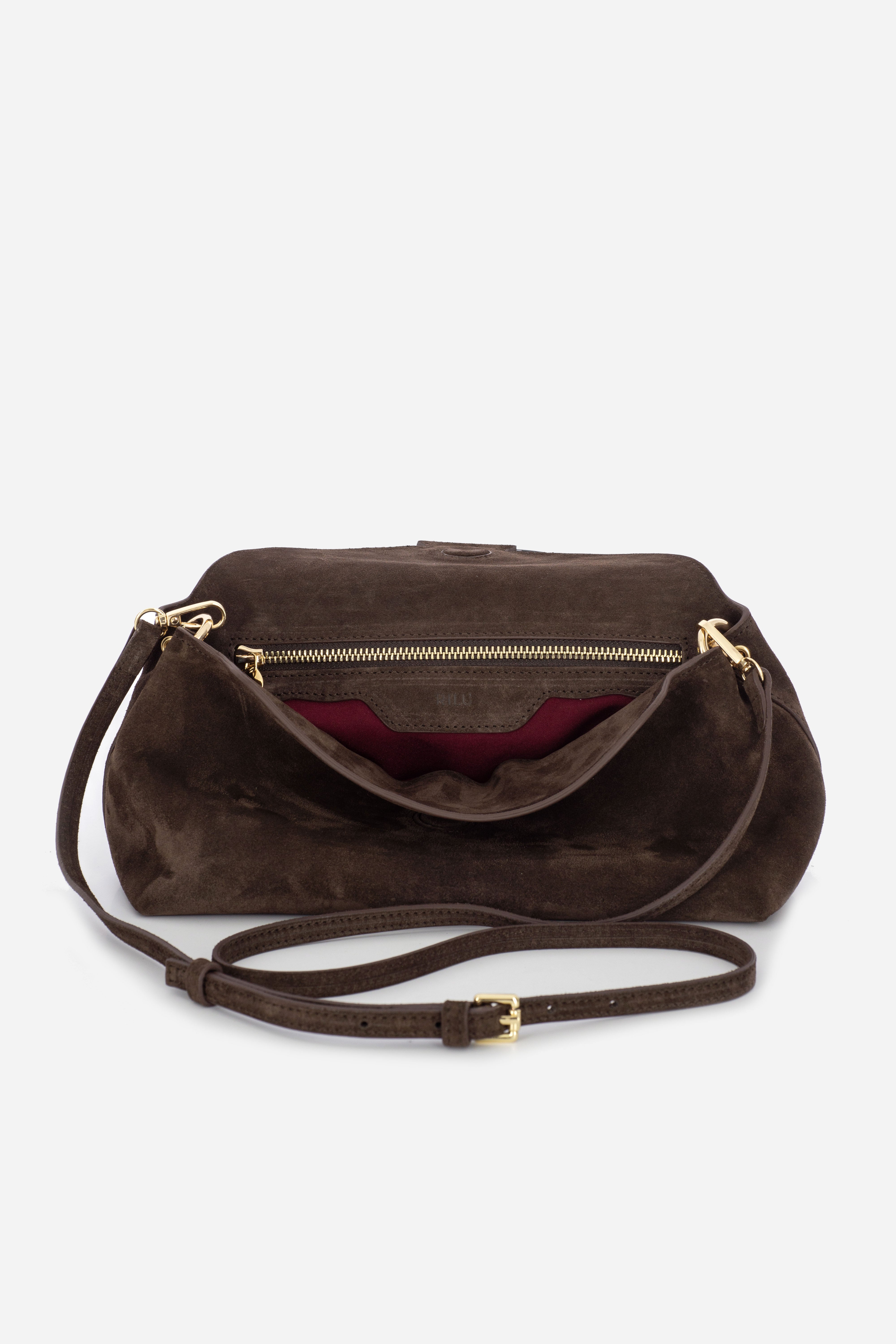 Rilu Rhea espresso suede leather clutch close-up of luxurious suede material
