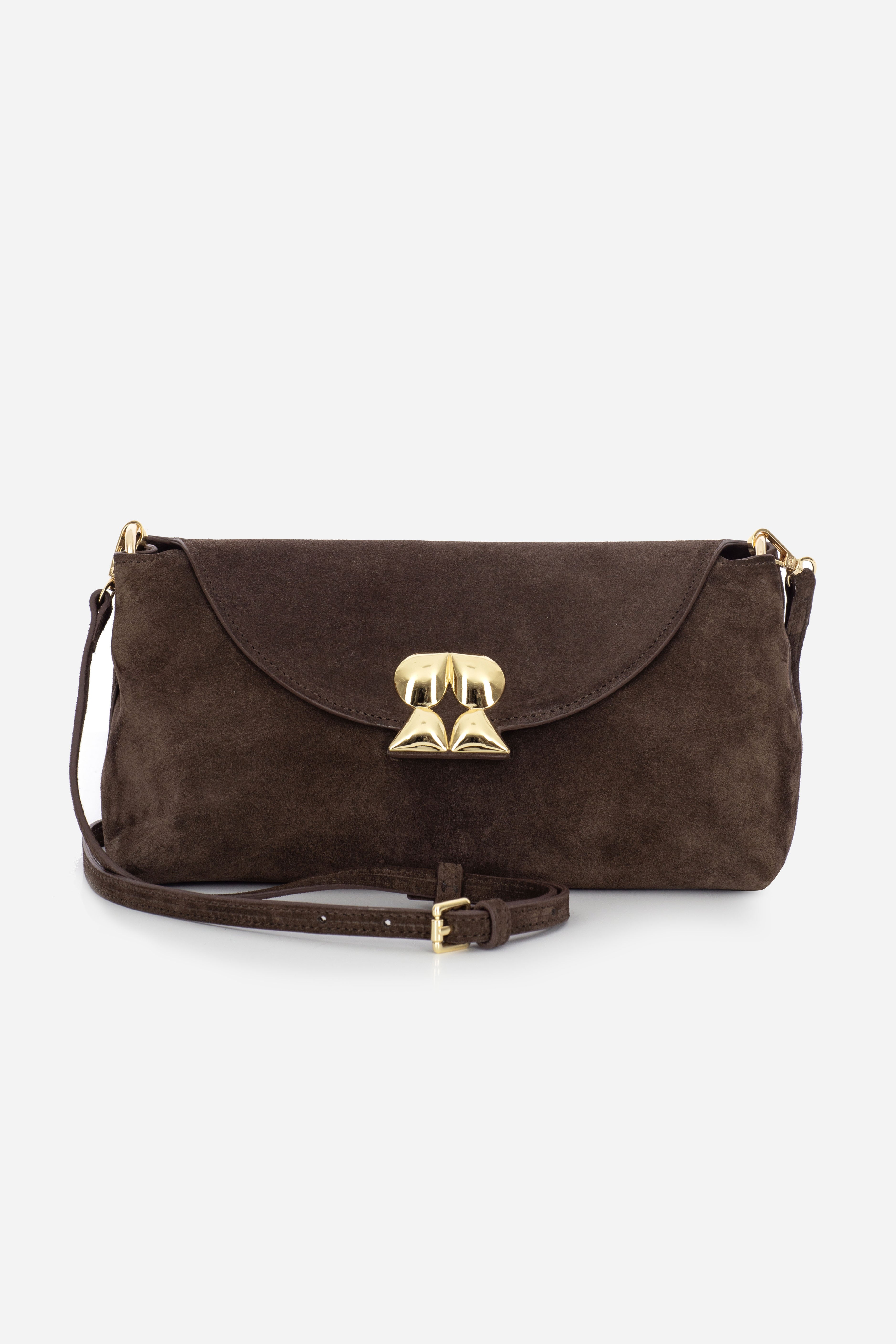 Rilu Rhea espresso suede leather convertible clutch front view