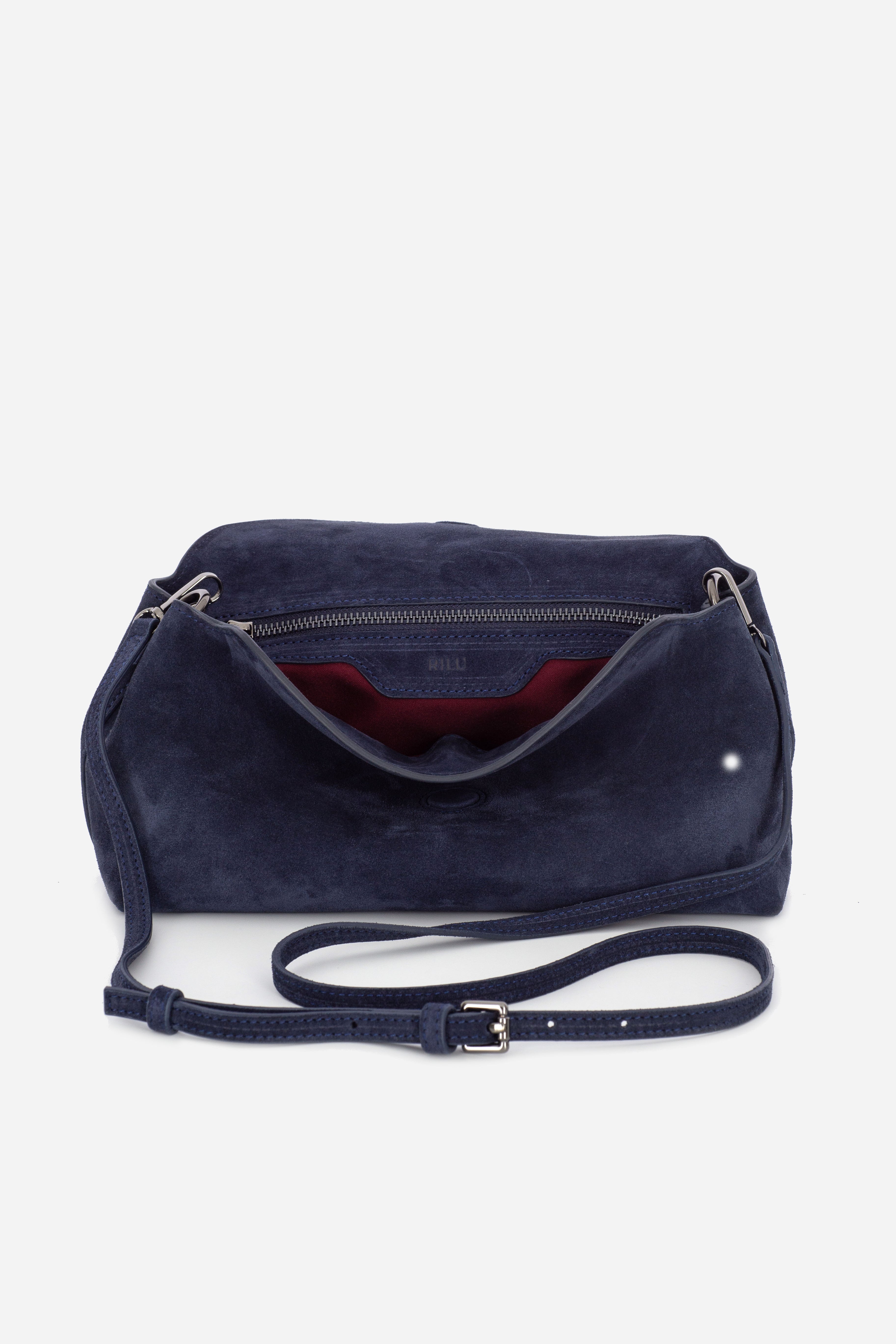 Rilu Rhea midnight navy suede leather clutch close-up of luxurious suede texture