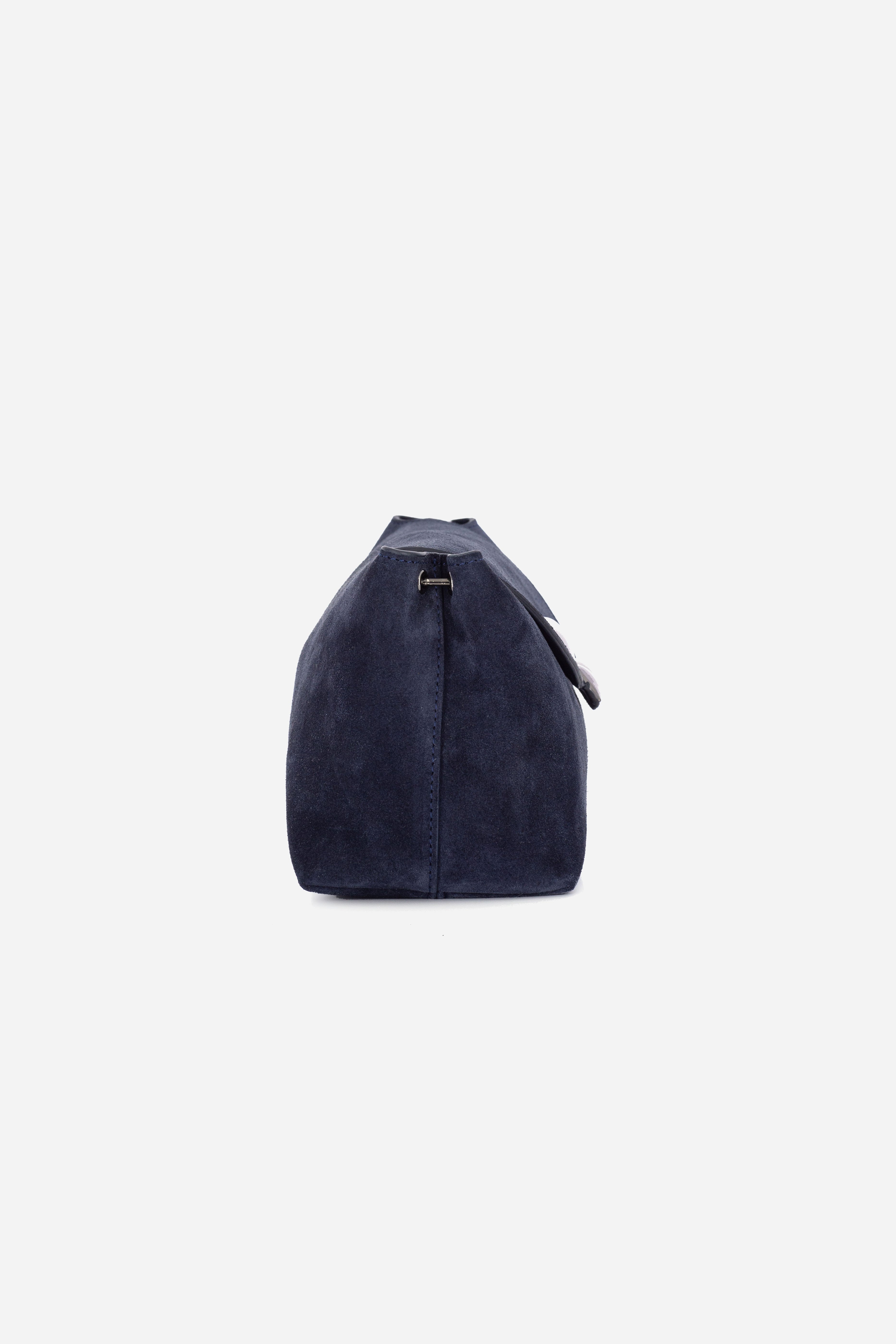 Rilu Rhea midnight navy suede leather clutch side view with removable strap
