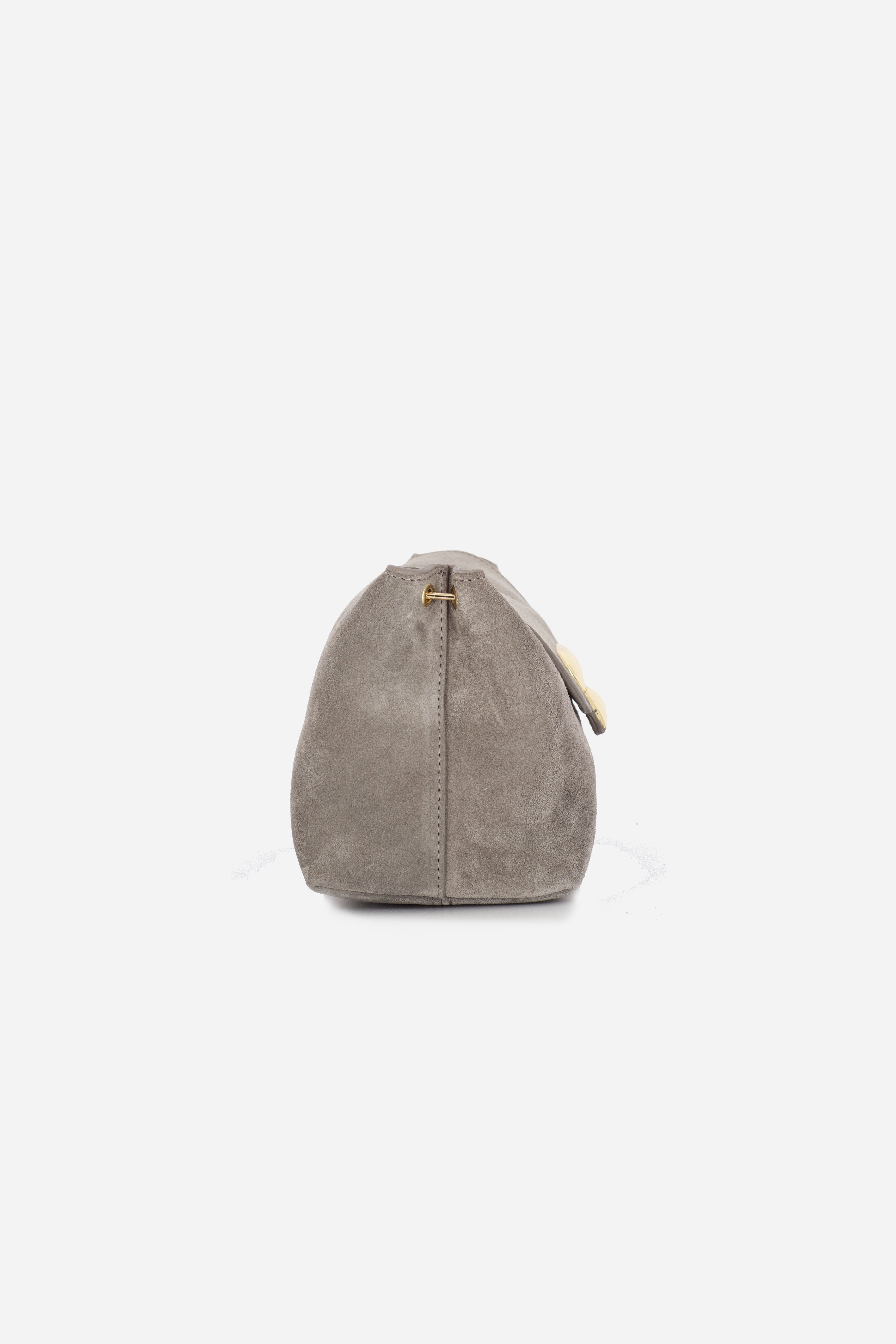 Rilu Rhea stone taupe suede leather clutch side view with removable strap