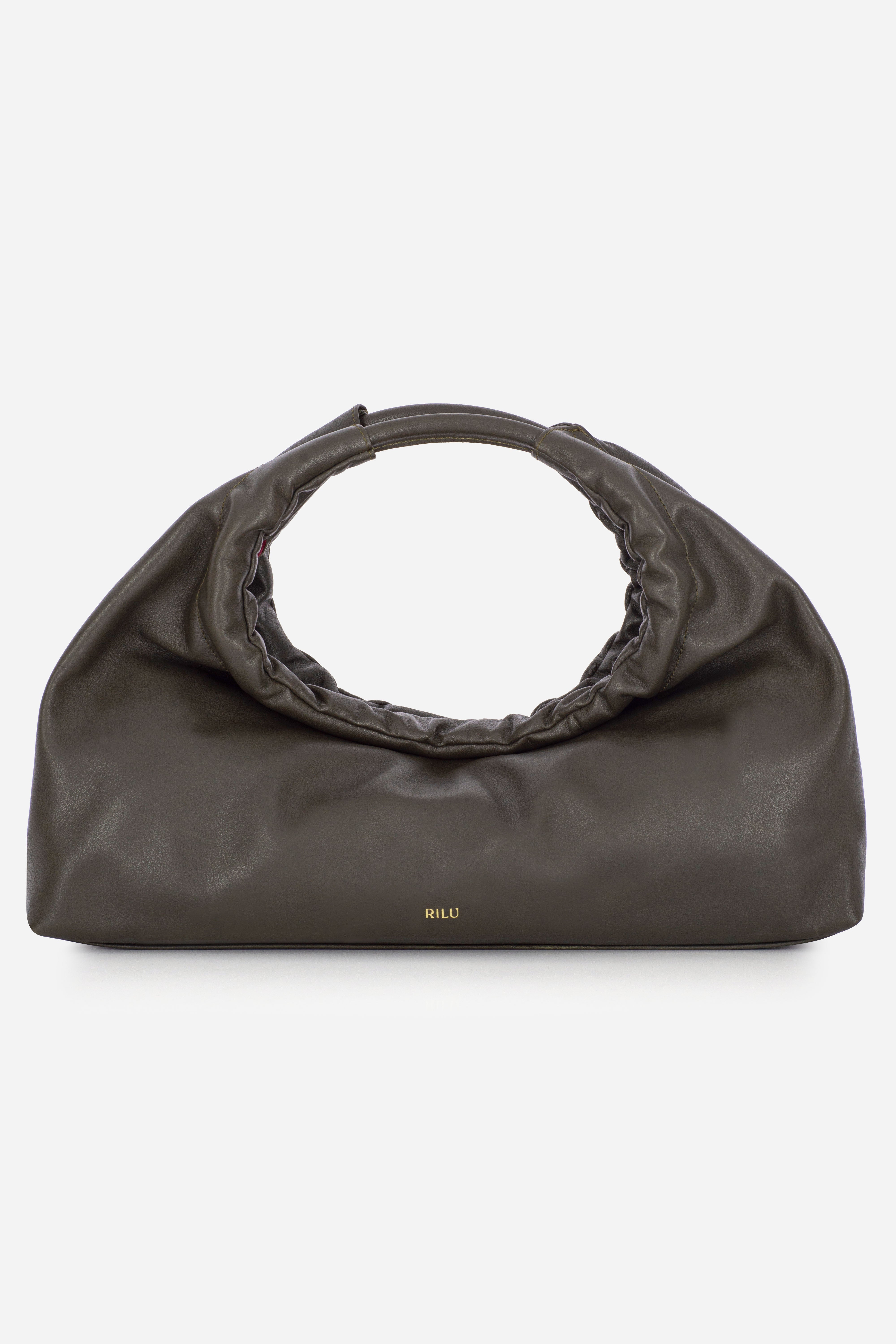 Rilu Sirena dark green leather shoulder bag with ruched opening, front view