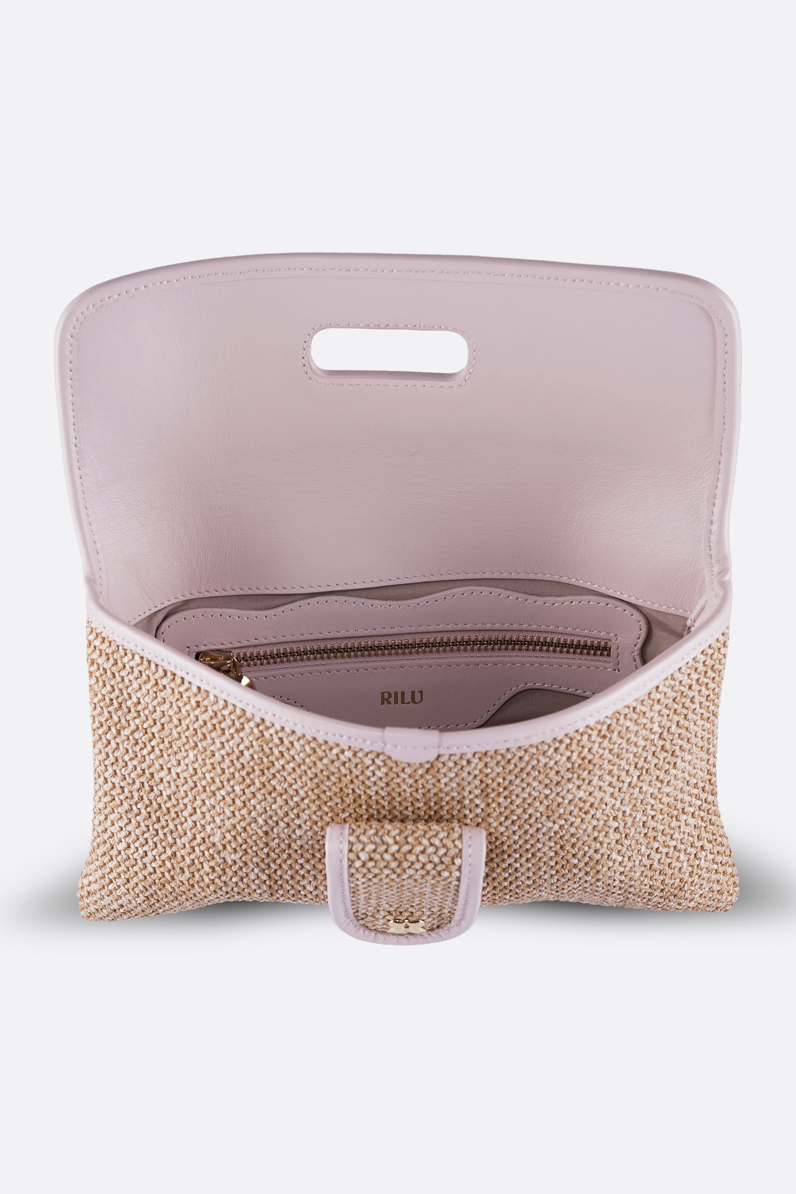 RINA POWDER PINK RAFFIA CLUTCH