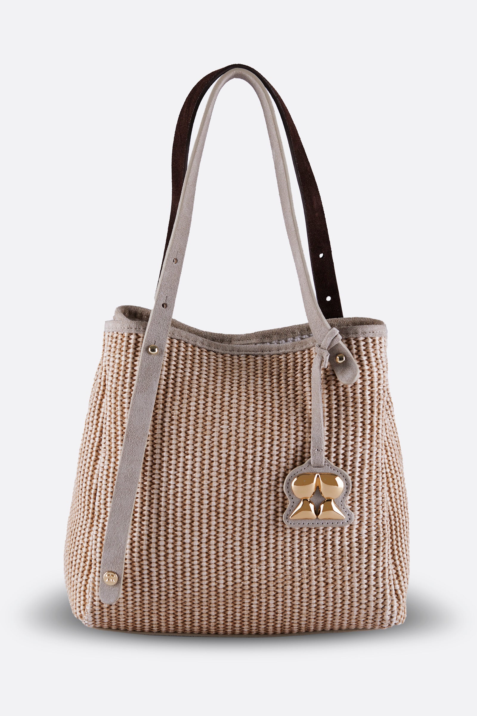 ZOEY BEIGE SUEDE-ESPRESSO SUEDE RAFFIA SHOULDER BAG