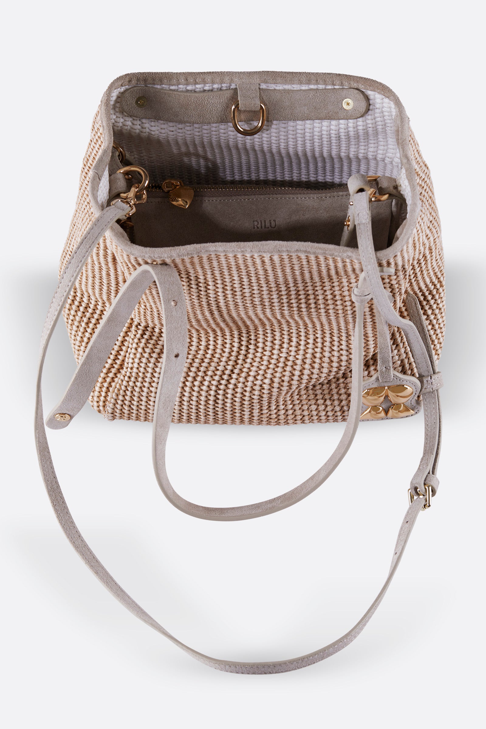 ZOEY BEIGE SUEDE-ESPRESSO SUEDE RAFFIA SHOULDER BAG